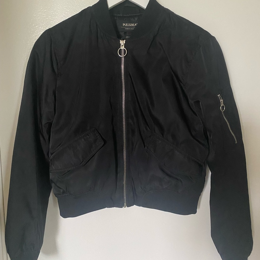 Pull&Bear Black Bomber Jacket with Ribbed Collar